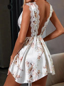 Vestido Feminino com Estampa e Alças de Cetim com Renda - Sexy Decote V Profundo Costas Abertas Elegante Verão