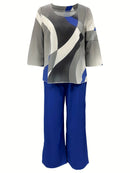 Fashion Top Pants Set Women O Neck Half Sleeve Printed Shirts Solid Color Wide Leg Long Pant Female Spring Clothing