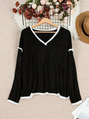 New Women's V-Neck Knit Sweater White Trim Plus Size Casual Fashion Pullover Bohemian Top for Fall Winter Chic y2k clothing