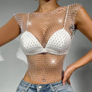 Women's Fishnet Rhinestone Crop Top Summer Sexy Mesh High Elastic Black White Shirt Net Semen Y2K Tank Tops See Through Crop Top