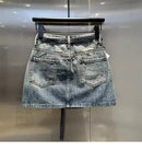 Oversize Retro Diamond Denim Mini Skirt for Women Summer High Waist Shiny Rivet Slim Skirts Gradient Black Grey Jean Skirts