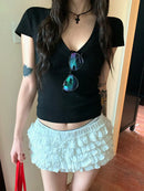 Camiseta Cropped Feminina Básica com Decote V e Manga Curta - Slim Sexy Cor Sólida Casual Streetwear Verão