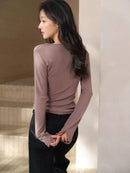 Elegant Ruched Cross V Neck Knit Top Slim Fit Long Sleeve Shirt for Women Chic Casual Early Spring Daily Base Layer Style Lady