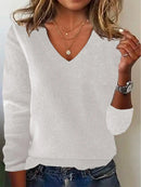 Women's V-neck Sweater Elegant Long Sleeve Ribbed Trim Pullover Solid Knit Wool Base Top for Wear