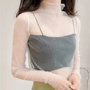 Women Lace Bottomed Blouse T-shirt Spring And Autumn Long Sleeve Mesh Crop Top Foreign Style Sexy Hollow Mesh Top High Neck 2024