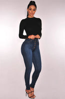 Women High Waist Elastic Slim Fit Skinny Jeans Lady Vintage Button Pencil Long Pants Narrow Straight Wrap Hips Casual Trousers