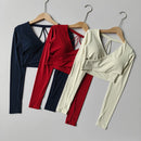 Women's Cross V-Neck Workout Top, Cropped Long Sleeve Open Back Shirt, Sexy Yoga Pilates Fitness Wear