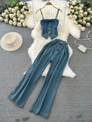 Faionable Denim ter Ne Crop Top And High Waist  Skirt Women's Set Summer Polyester Material Youthful Sle