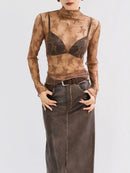 Sexy Lace Bottomed Blouse Women Long Sleeve Crop Top Sleeved High Neck With Hollowed Out Chiffon Foreign Style Sexy Mesh