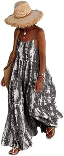 Tie Dye Print Spaghetti Strap Dresses Women Bohemian Style Loose Backless Vacation Beach Long Dress Female Fashion Streetwear
