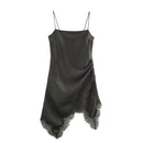 Vestido Mini Feminino de Cetim com Renda Assimétrica - Chic Francês Alças Finas Festa Noite Outono