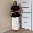 Elegant Short Sleeve Waist Single Breasted Top Pleated Midi Skirts Fashion A Line Skirt Set for Women 2026 Spring Female Outfits