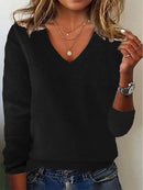 Women's V-neck Sweater Elegant Long Sleeve Ribbed Trim Pullover Solid Knit Wool Base Top for Wear