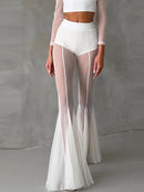 Women Pleated Elastic High Waist Fashion Evening Party Trousers See Through Mesh Pleated Flare Pants 2025 Summer Gown Chic Pants