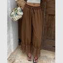 Womens Wide Leg Pants White Polyester Lace Trim Hem Casual Loose Fit Summer Trousers Wide Leg Pants