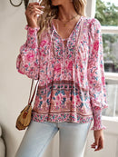 Boho lnspired Pink Floral Blouse Women V-neck Tassel Long Sleeve Bohemian Women Tops New Summer Fashion  Blouse Shirt For Women
