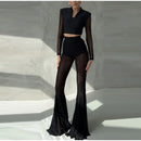 Women Pleated Elastic High Waist Fashion Evening Party Trousers See Through Mesh Pleated Flare Pants 2025 Summer Gown Chic Pants