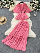 Women Summer Skirt Sets New Fashionable Three-dimensional Flower Short Sleeved Chiffon Top Pleated Skirt Two-piece Set C111