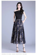 Women Floral Print Tiered Midi Skirt Elastic High Waist Pocketed Ruffle Hem Casual Boho Long Skirt