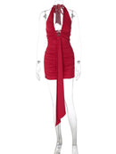 Vestido Mini Feminino com Halter e Franzido - Sexy Renda Amarrão Slim Elegante Festa Clube