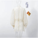 Lace Elegant Skirt Two Piece Set Women Turtleneck Hollow Out Lantern Sleeve Tops Irregular Hem Mini Skirt 2025 Chic Party Suit