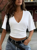 Cropped Franzido Feminino Decote V Manga Curta - Slim Casual Sexy Verão