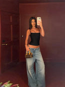 Spaghetti Strap Square Neck Bandage Cami Top Solid Black Tight-Fitting Casual Tops 2026 Summer Lady Trendy Edgy Daily Outfit