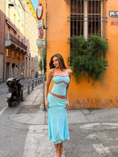 Elegant Chiffon Tops Skirt Set Women Stylish Floral Strap Off Shoulder Halter Crop Top Maxi Skirt Summer Beach Vacation Outfit