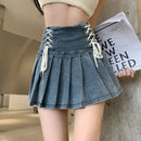Denim Pleated Skirts Women Cute Lace-up Chic Girlish Summer Mini Skirt Korean Style Fashion Sexy High Waist Streetwear College