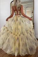 Women Boho 2 Piece Floral Chiffon Maxi Dress Sexy Summer Lace Corset Top & Tiered Flowy Tulle Skirt Set for Prom Wedding Party