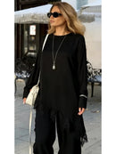Ladies Elegant Asymmetric Lace Hem Black Blouse Chic O-neck Long Sleeve Loose T-shirt Tops 2026 New Spring Women's Blouse