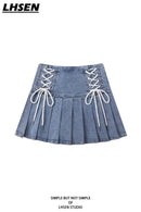 Denim Pleated Skirts Women Cute Lace-up Chic Girlish Summer Mini Skirt Korean Style Fashion Sexy High Waist Streetwear College