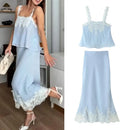 Ladies Holiday Sexy Chic Women Skirt Suit Lace Cami Top Long Straight Skirt Fashion Spring Summer Beach Skirt 2 Piece Set
