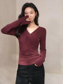 Elegant Ruched Cross V Neck Knit Top Slim Fit Long Sleeve Shirt for Women Chic Casual Early Spring Daily Base Layer Style Lady