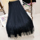 Mesh Plested Skirts Women Chic Pearl Aesthetic Midi Skirt Holiday Sweet Temper Female Spring High Waist Delicate Faldas Largas