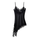 Vestido Mini Feminino com Renda e Alças Finas - Irregular Costas Abertas Fenda Sexy Festa