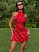 Vestido Mini Feminino com Poa e Halter - Ombro Frio Sexy Costas Abertas Festa Clube