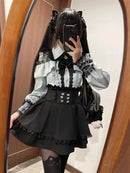 Women‘s Lolita Set Dark Femme Mesh Top & Waist Cinching Skirt, 2025 Autumn Japanese Street Style Coord for Gothic Baddie Fashion