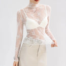 Sexy Lace Bottomed Blouse Women Long Sleeve Crop Top Sleeved High Neck With Hollowed Out Chiffon Foreign Style Sexy Mesh