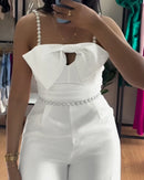 Macacão Feminino Elegante com Bandeau e Alças com Pérolas - Slim Perna Larga