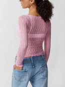Women Lace Pullover TopS Retro Long Sleeve Round Neck See Through Solid Color Fitted T-Shirts Casual Blouse Streetwear Y2K 2000s