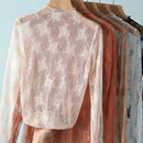 New Women Floral Lace Shirt Spring Autumn Long Sleeve Sexy Mesh Bottoming Shirts Mock Neck Blouse T-Shirt Pullover Top