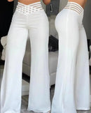 Women High Waist Flared Pants Office Casual Sheer Mesh Patch Crisscross Y2K Trousers Elegant Streetwear Work Pants Lady Clothes
