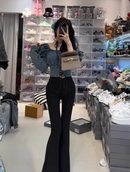 Fashion V High Waist Black Flare Pants Women 2025 Summer Korean Slim Fit Wide Leg Trousers Ladies Streetwear Bell Bottom Pants