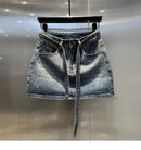 Oversize Retro Diamond Denim Mini Skirt for Women Summer High Waist Shiny Rivet Slim Skirts Gradient Black Grey Jean Skirts