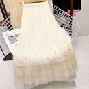 Mesh Plested Skirts Women Chic Pearl Aesthetic Midi Skirt Holiday Sweet Temper Female Spring High Waist Delicate Faldas Largas