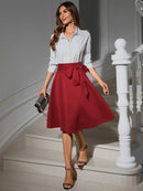 Women's Elegant High Waist Flared Midi Skirt with Bow Belt, Inclusive Fit, Stretch Knit Fabric, Versatile for Office and Party W