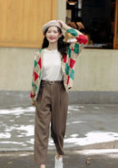 Cardigan Tricô Xadrez Feminino Estilo Coreano - Decote V Outono Inverno 2025