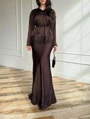 Women Two Piece Sets Skirt Set Turn Down Collar Lace Sexy Full Sleeve Tops Long Skirts High Waist Y2k Streetwear Elegant Work