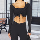 New Women Crop Wrap Tops Solid Color Tie up Hem V-Neck Fitted Long Sleeve Shirt For Club Streetwear Aesthetic Clothes S M L